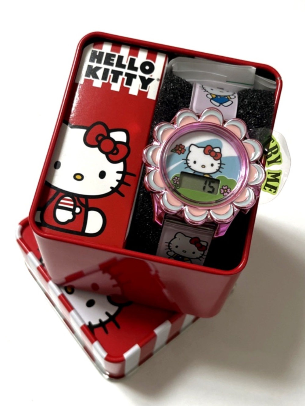 Hello Kitty Sanrio Digital Watch Pink Flower LCD Kids Women NWT Tin Box